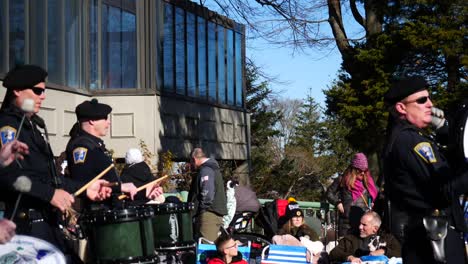 Police-Officers-marching-and-playing-drums-during-the-Thanksgiving-Parade-2019-in-Plymouth-Massachusetts