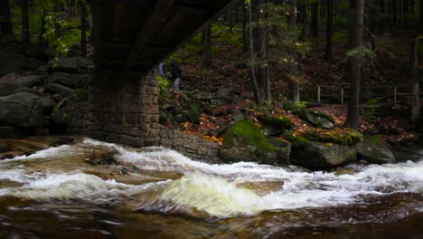 Panning-shot-of-a-small-waterfall-in-the-middle-of-an-autumnal-forest,-with-water-flowing-under-a-bridge