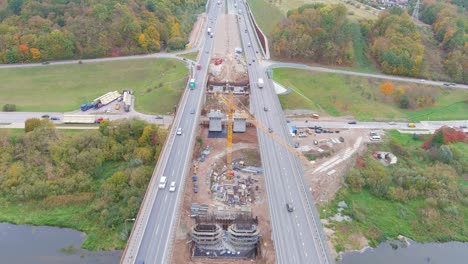 Construction-site-of-A1-highway-bridge-in-Kaunas-city,-aerial-view