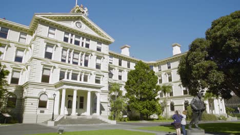 A-low-angle,-wide-shot-of-the-Old-Government-building-in-Wellington,-NZ