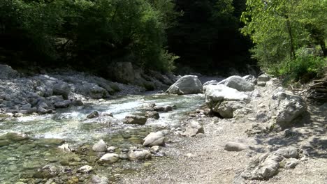Río-Tolminka-Que-Fluye-En-Verano,-Valle-De-Soca-En-Un-Día-Soleado,-Escena-Natural-En-El-Parque-Nacional