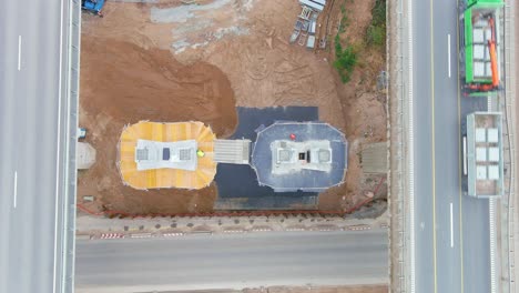 New-columns-under-construction,-aerial-top-down-view