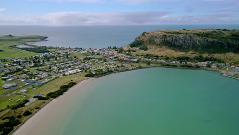 The-Nut-and-Stanley-town-aerial-view-with-beautiful-clear-ocean-water-in-Tasmania,-Australia