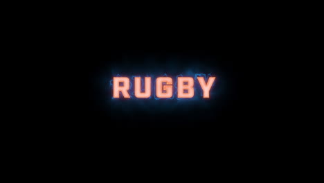 Eine-Kurze,-Hochwertige,-Typografische-Motion-Graphic-Enthüllung-Des-Wortes-„Rugby“-Mit-Verschiedenen-Farboptionen-Auf-Schwarzem-Hintergrund,-Ein--Und-Ausgeblendet-Mit-Elektrischen,-Nebligen-Elementen