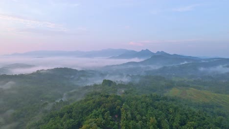 Beautiful-mountains,-fog-and-forest-in-Indonesia,-aerial-view