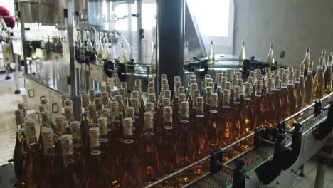 Erstaunliche-Weitwinkelaufnahme-Einer-Maschine,-Die-Morgens-In-Einer-Weinfabrik-In-Burgos,-Spanien,-Weinflaschen-Füllt