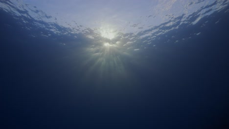 Golden-evening-sun-shines-through-the-oceans-surface-in-clear-blue-tropical-water