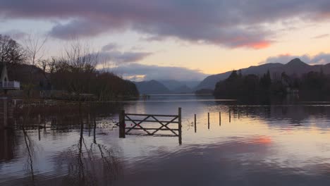 Magnificent-flooded-landscape-during-sunset-in-Derwentwater-lake-district,-England