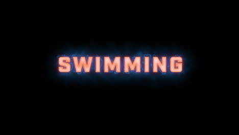 A-short-high-quality-motion-graphic-typographic-reveal-of-the-words-"swimming"-with-various-colour-options-on-a-black-background,-animated-in-and-animated-out-with-electric,-misty-elements