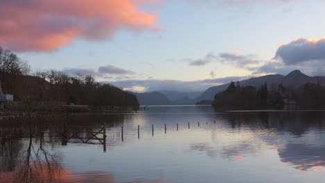 Cinematic-scene-during-sunset-of-flooded-region-in-Derwentwater-lake-district,-England