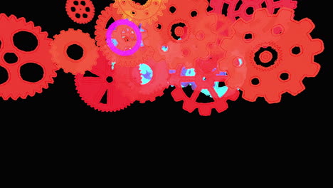 A-bright-and-colorful-4k-motion-graphic-animation-of-different-mechanical-gears-and-cog-shapes-flying-towards-the-camera,-on-a-black-background