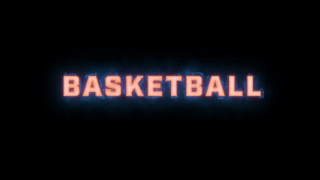 Eine-Kurze,-Hochwertige-Typografische-Animation-Des-Wortes-„Basketball“-Mit-Verschiedenen-Farboptionen-Auf-Schwarzem-Hintergrund,-Ein--Und-Ausgeblendet-Mit-Elektrischen,-Nebligen-Elementen