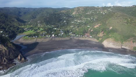 Daytime-View-From-Piha-Beach-In-New-Zealand---Aerial-Drone-Shot