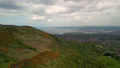 Aerial-shot-of-Cavehill,-Belfast-on-a-spring-day