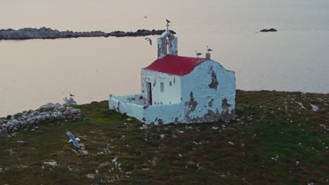 Abandoned-island-church-with-seagulls-in-slow-motion