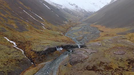 Skutafoss-Wasserfall-Gletschertal-Eingekeilt-Zwischen-Hohen-Schneebedeckten-Bergen