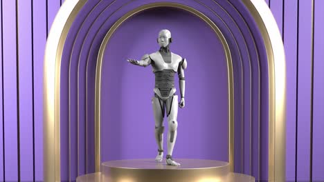 3D-Rendering-Animation-Eines-Humanoiden-Roboterprototyps,-Der-Auf-Einer-Produktpräsentation-Eines-Futuristischen-Gesellschaftskonzepts-Auf-Einer-Violetten-Bühne-Steht