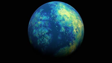 Blue-and-Green,-Earth-like-Planet-rotating-completely-against-pure-black-background