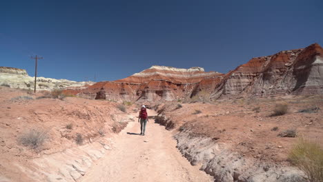 Vista-Posterior-De-Una-Excursionista-Con-Mochila-Caminando-Por-Un-Sendero-En-El-Paisaje-Del-Desierto-Americano