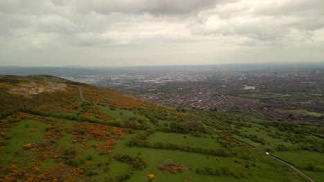 Aerial-shot-of-Cavehill,-Belfast-on-a-spring-day