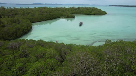 Luftaufnahme-Eines-Grünen-Mangrovenwaldes-Und-Eines-Ausflugsboots-Mit-Touristen-Auf-Der-Insel-Leebong-In-Belitung,-Indonesien
