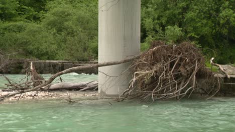driftwood-stuck-in-river-behind-concrete-bridge-pillar,-static-wide-shot-of-hazardous-branches