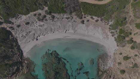 Aerial-Drone-Tops-Down-Menorca-Cliff-Beach-Forested-Geography-Rocky-Landscape-in-Cala-Sa-Torreta,-hidden-travel-spot