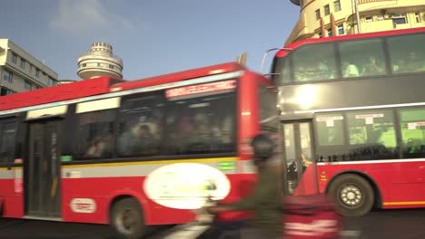 Renewal-energy-infrastructure-AC-double-decker-electric-buses-on-Marine-Drive-Road-traffic,-Green-energy-buses-on-the-streets