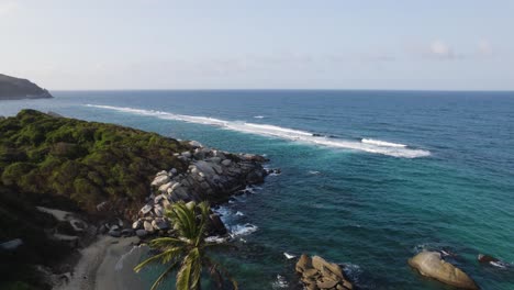 Drone-flyover-Wilderness-coastal-landscape-From-Tayrona-National-Natural-Park,-Colombia