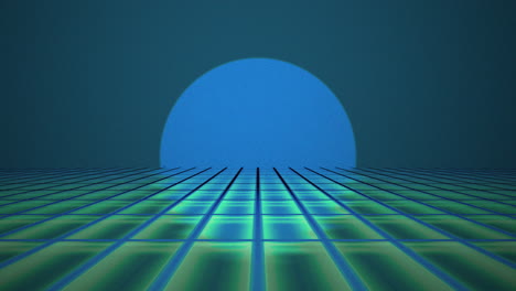Blauer-Sonnenuntergang-Auf-Vaporwave-Perspektive-Gitter-Retro-Hintergrund,-Abstrakte-Endlosschleife-3D-Animation