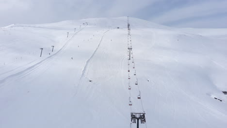 Drone-view-of-ski-lifts-and-skiers-skiing-downhill-in-the-slopes-in-the-scenic-Mountain-Kaimaktsalan-Greece-winter-day