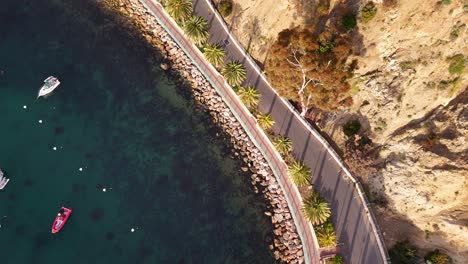 Catalina-casino-drive-on-catalina-island-with-clear-blue-water-and-boats,-aerial-view