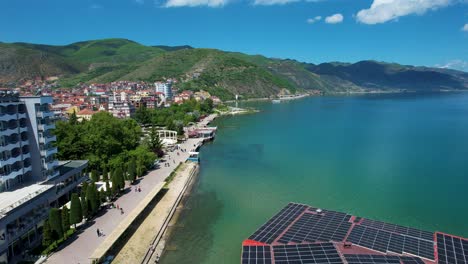 Ruhe-An-Der-Küste:-Die-Pogradec-Küste-Des-Ohridsees-Mit-Kristallklarem-Wasser-Und-Hotels-Inmitten-Grüner-Bäume,-Die-Sich-Auf-Der-Oberfläche-Des-Sees-Spiegeln