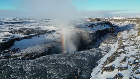 Drone-shot-of-Dettifoss-waterfall-in-iceland-during-winter-in-the-morning-with-a-rainbow