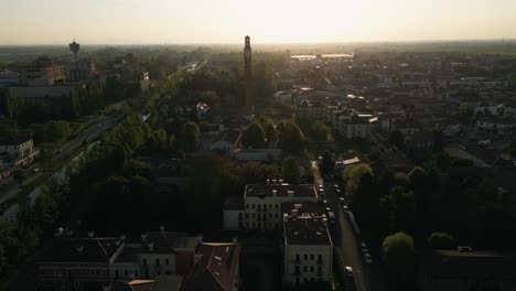 Flying-Towards-The-Tower-Of-Saint-Nicholas-Catholic-Church-In-Mira,-Veneto,-Italy