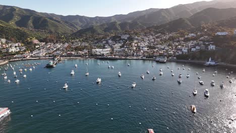 Catalina-island,-california,-showcasing-boats-in-a-sunny-harbor,-aerial-view