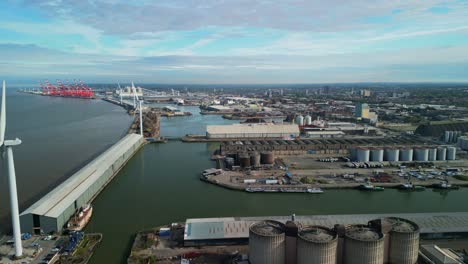 Liverpool-Docks-aerial-drone-flyover-on-a-sunny-morning,-England,-UK