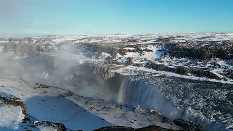 Rainbow-on-Drone-shot-of-Dettifoss-waterfall-in-iceland-during-winter-in-the-morning