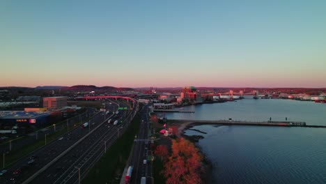 Establisher-sunset-aerial-in-New-Haven,-Connecticut,-USA