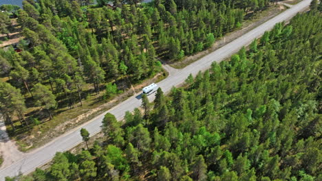 Aerial-view-tracking-a-RV-driving-in-polar-wilderness-of-Inari,-North-Finland