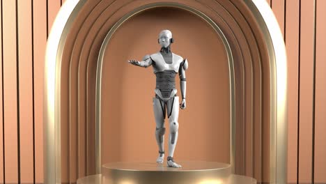 Rendering-Animation-Eines-Humanoiden-Roboterprototyps,-Der-Auf-Einem-Produktdisplay-Steht,-Konzept-Der-Futuristischen-Gesellschaft