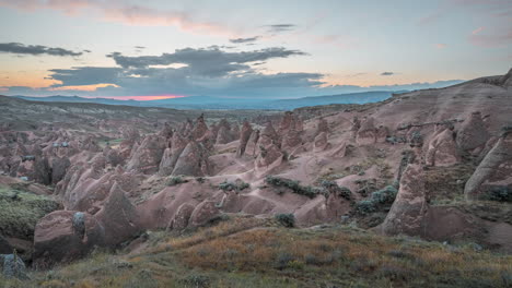 Sunset-timelapse-over-the-unique-rock-formations-of-Devrent-Valley,-Cappadocia