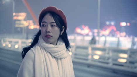 Portrait-Of-Happy,-Elegant-Confident-Woman-Girl-Walking-On-Bridge-In-City-At-Night