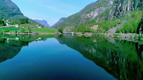 Calm-water-with-a-perfect-reflection-in-Flam,-Norway