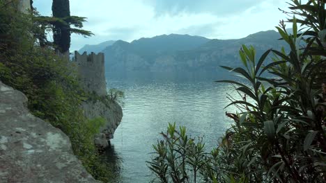 Lush-lakeside-vegetation-framed-by-serene-waters,-towering-mountains,-and-expansive-skies-at-Lake-Garda