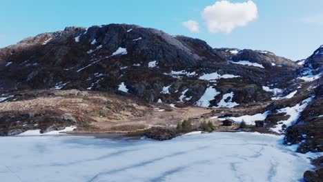 Frozen-Palvatnet-Lake-With-Scenic-Mountain-Views-In-Leknes,-Vestvagoy,-Nordland,-Norway