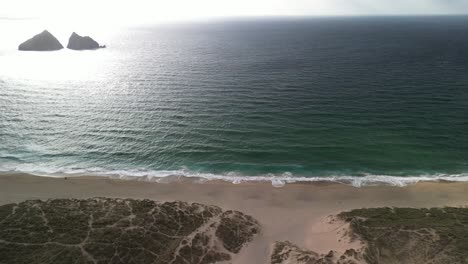 Holywell-Bay-in-Beautiful-Cornwall-with-Scenic-Views-from-an-Aerial-Drone-on-a-Sunny-Day,-UK