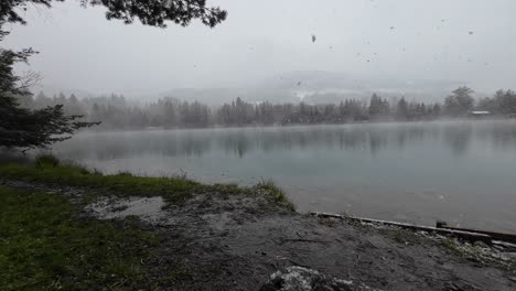 Ruhige-Aufnahme-Der-Letzten-Schneeflocken-Der-Saison,-Die-Auf-Einen-Wunderschönen-See-In-Österreich,-Europa-Fallen