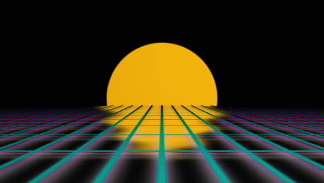 Sol-Amarillo-Retro-Sobre-Fondo-Negro-Cibernético-De-Cuadrícula-Perspectiva,-Visual-Gráfico-Futurista,-Estilo-Vaporwave