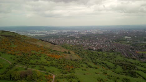 Aerial-shot-of-Cavehill,-Belfast-on-a-spring-day